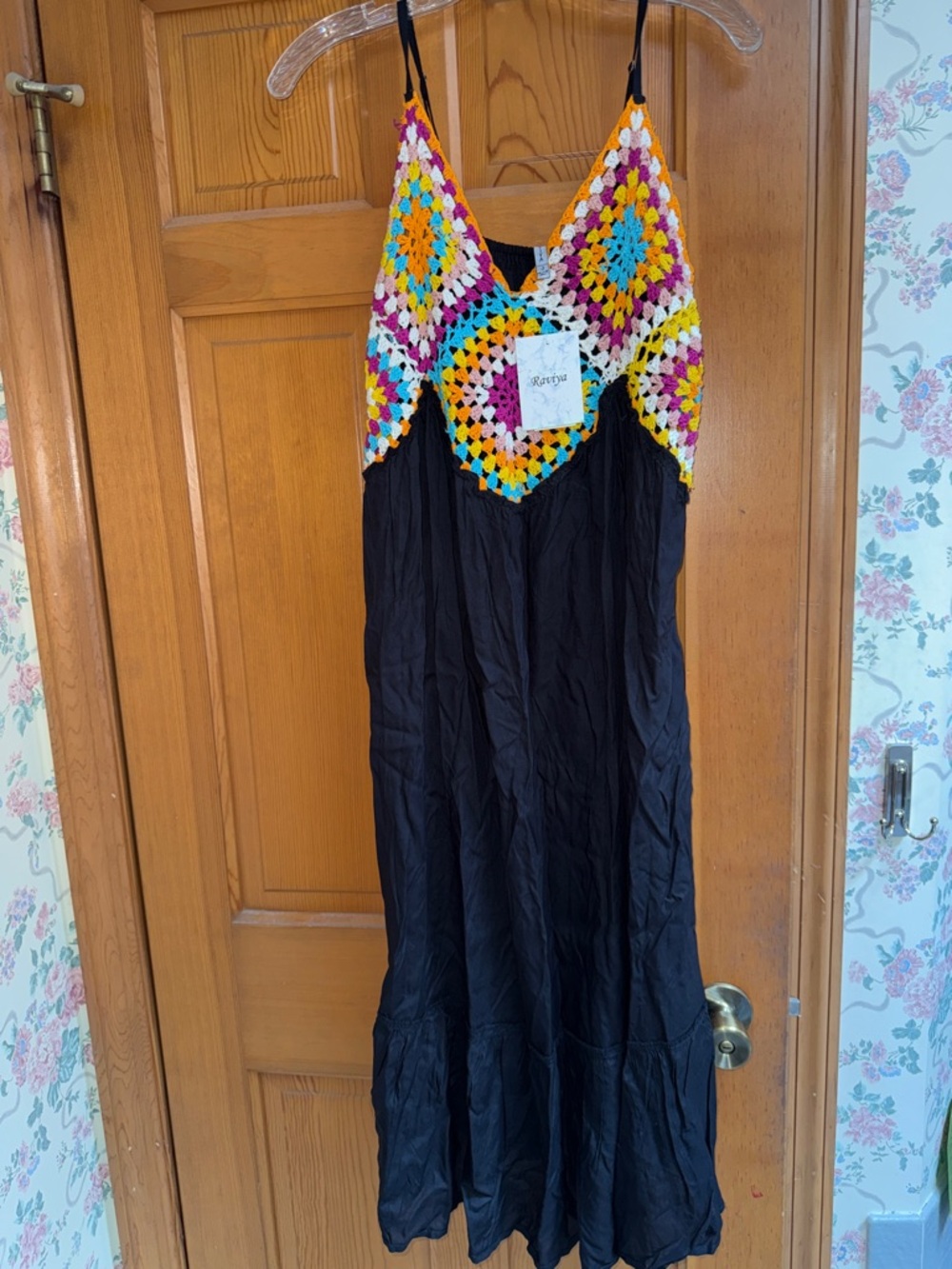 Black Maxi Dress with Multicolor Crochet Bodice